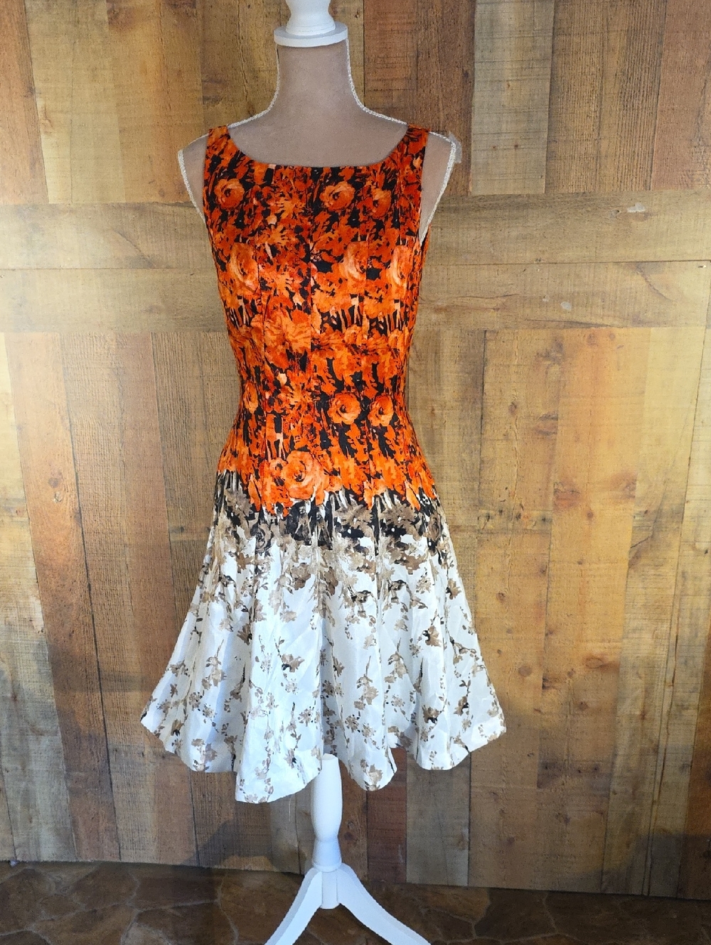 Sleeveless Orange Floral Midi Dress with Cream Skirt -- HOST PICK